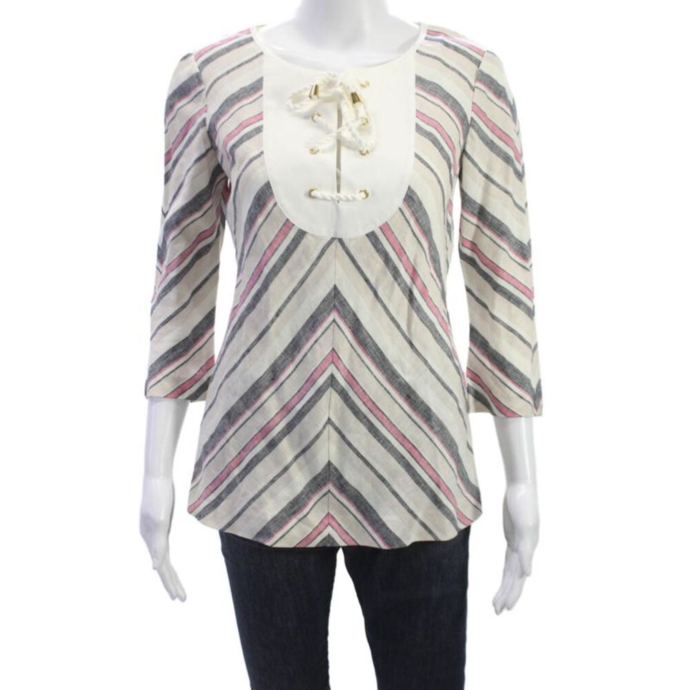 Tory Burch Women Tunic Multicolor Striped Linen Lace Up 3/4 Sleeve Size 2